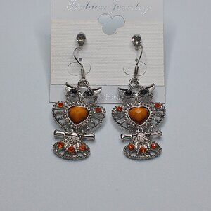Cute orange and silver owl earrings with rhinestone crystals, plus two studs